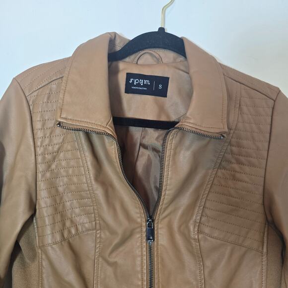 SPYM Faux Leather Light Brown Jacket Size M Full Zip Zipper Pockets Stretch - Picture 3 of 11